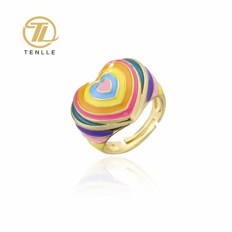 bague Funny Cute Colorful Drop Oil Statement Peach Big Heart Enamel Wide Chunky Ring for Women Girls Birthday Jewelry Gifts