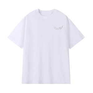 T-shirt blanc surdimensionné à manches courtes avec logo ailes en relief, haut décontracté en jersey de coton à col rond pour homme - Product Image 1