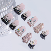 Faux ongles à presser faits main, courts, noirs, motif Serpent Français et Canard, de luxe, haute qualité, avec étoiles en diamant, couvrance totale, en acrylique, pré-conçus, 10