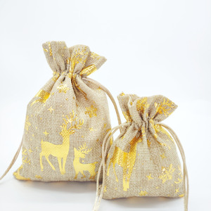 Bolsa de Regalo de Lino con Cordón de Diseño Profesional Sanas para Navidad, Venta al por Mayor, con Impresión Dorada para Decoración Navideña - Product Image 5