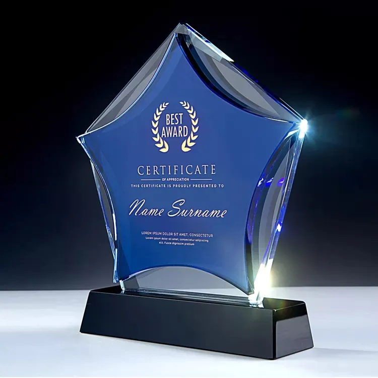 Hot sale high quality business souvenir star shaped optical crystal art star tower trophy and award
