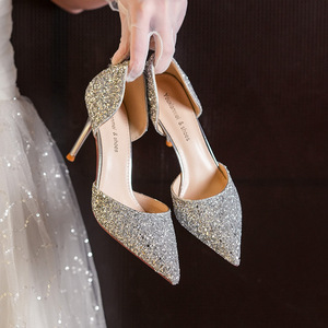 6691-6 Escarpins de mariée solides à bout pointu, talon aiguille, strass, chaussures de mariage, super hauts (8 cm ou plus), doublure en satin - Product Image 4
