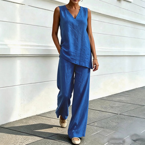 Women's Casual V-neck Sleeveless Cotton <b>Linen</b> Top And Wide Leg Pants Two Piece <b>Set</b> Smlxlxxl3xl Solid Color - Product Image 4