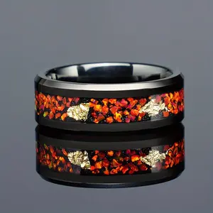 2024 New Design Inlay Gold Leaf Tungsten Carbide Black Ring New Tungsten Ring Man Fire Opal Ring