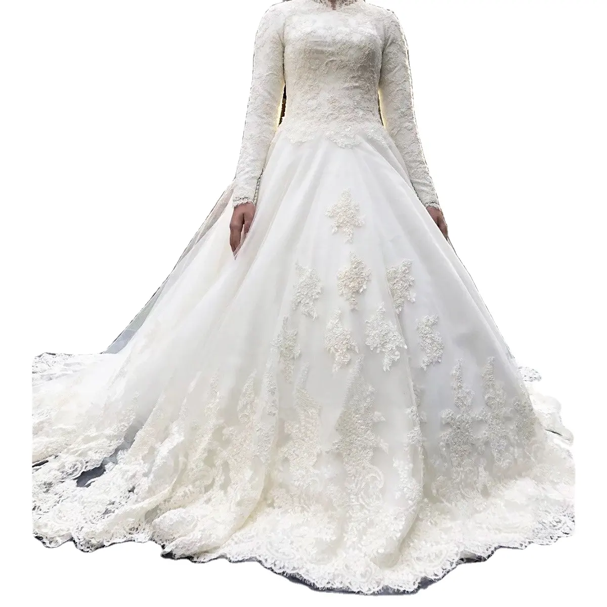 Luxury Muslim Long Sleeve Lace Wedding Dress Princess Ball Gown with Cathedral Train Elegant Bridal Gown for Women Saudi Arabia