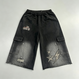 Dirty Spray Streetwear Cargo Shorts Black Distressed Motorcycle Patch Heavyweight Cotton Men Vintage Wash Loose Fit Bottoms
