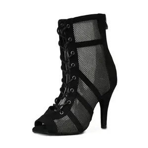 Latin Dance Women 8.5cm Heel Black Nubuck With Mesh Latin Salsa Ballroom Dance Shoes for Dancing New Arrival Size US 4-12