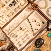 Kotak Perhiasan Portabel dengan Pegangan, Set Baki Beludru untuk Stan Pasar, Organizer Perjalanan untuk Cincin dan Anting