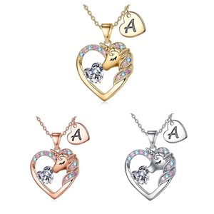 Trendy Heart Colored Zircon Unicorn Shaped Pendant <strong>Necklace</strong> 18K Gold Plated Link Chain 26 <strong>Initial</strong> Letters Optional <strong>Children's</strong> - Product Image 1