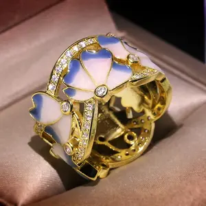 Cloisonne Cincin Enamel Lapis Emas, Lem Biru dan Putih