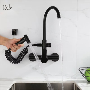 High-End Stainless Steel Matte <strong>Black</strong> Kitchen Faucet Hot Cold Water Wall Mounted Sink <strong>Tap</strong> with Pull Out Sprayer Mixer <strong>Taps</strong> - Product Image 1