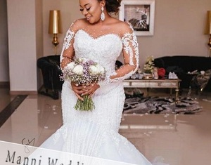 S1245Q 2022 New Style Tube <b>Top</b> Sexy Beads Bridal Bag Shoulder Hollow Lace Long Sleeve Fishtail Trailing Custom <b>Wedding</b> Dress - Product Image 1