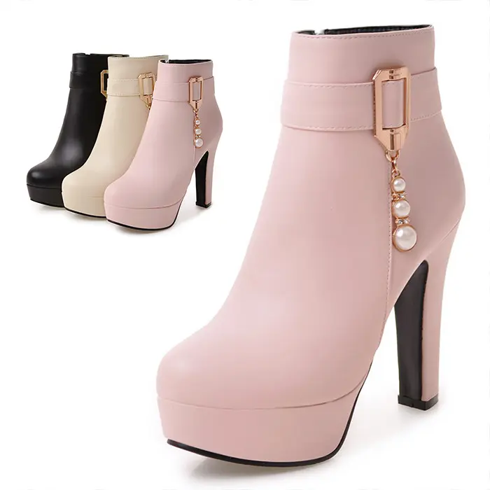 plus size Fashion pearl chain pendant belt buckle chunky heel leather ankle boots women