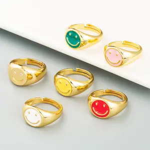 Fashion Open Adjustable Size Gold Plate Jewelry Happy Smiling Face Ring Smile Rings For Women Or Men