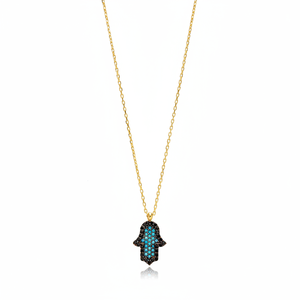 Collar con Colgante Hamsa de Piedra de Zirconia Negra Turquesa Nano, Hecho a Mano en Turquía, Joyería de Plata de Ley 925 al por Mayor - Product Image 2