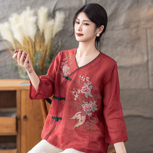 Chinese Style Embroidered Linen Blouse Women's Summer Loose Fit Tea Dress With Chinese Knot Buttons Off White Red Pink Purple - Product Image 2