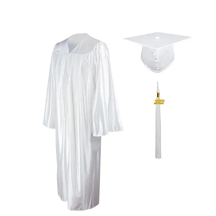 Venta al por mayor Unisex Blanco Universidad Brillante Vestido de graduación Gorra Borla Vestido académico para adultos