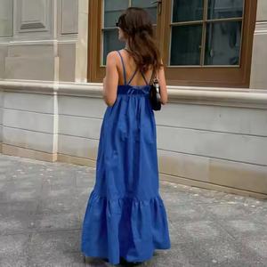 Robe longue d'été décontractée bleue en coton et lin de haute qualité, col en V, sans manches, avec fente haute, pour femme - Product Image 2