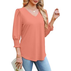 Women's 3/4 Sleeve V Neck T-<b>Shirt</b> Puff Sleeve Ruffles Knitted Polyester Top Casual Wear Needle Detection No Printing - Product Image 4