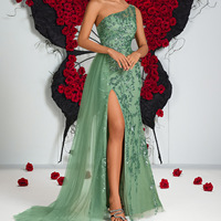 Robe de soirée élégante pour femme 2026, asymétrique, verte, à sequins, avec fente haute, en maille brodée, moulante, longue, pour soirée formelle