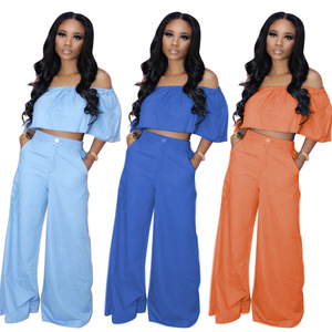 Conjunto de Dos Piezas Elegante de Moda <span class=keywords><strong>2020</strong></span> para <span class=keywords><strong>Mujer</strong></span>, Pantalones Anchos Casuales Urbanos, Mono Transpirable, <span class=keywords><strong>Ropa</strong></span> de Talla Grande, Cintura Alta - Product Image 1