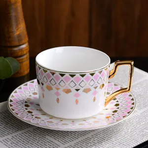 Ceramic tea cup and saucer pink and blue coffee cups with dish