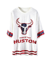 Damen Houston City Pailletten Kurzarm-Fußballfan-T-Shirts Glitzernde Spiel-inspirierte Freizeit-Sporttrikots