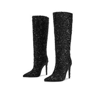 WETKISS Elegant Signature Sequined Dance Catwalk Stiletto Beaded Black Gold para mujer Botas hasta la rodilla - Product Image 3