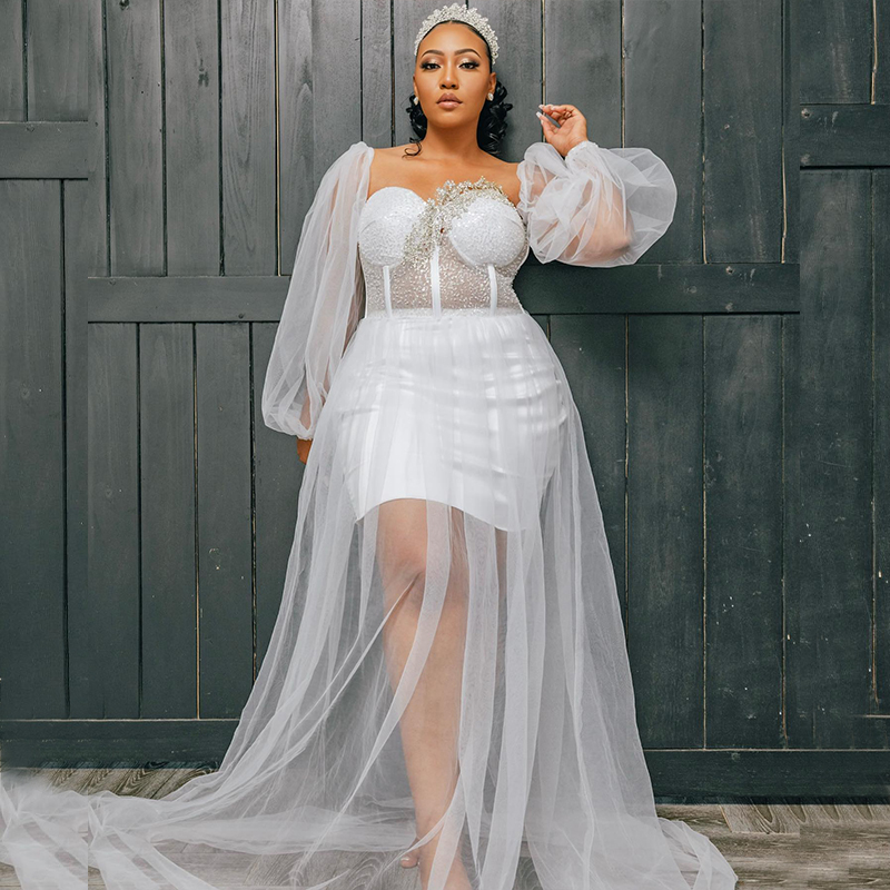 Winter Bridal Shower Looks Nigeria Wedding Dresses Bride Robes Sweet Heart  Long Latern Sleeve See Through Beading Rhinestone Bridal Shower Dress  Customized|