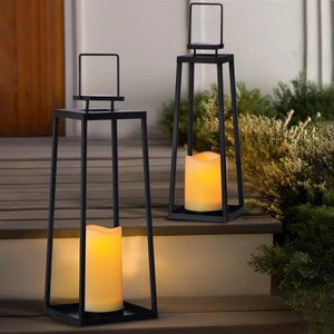 Black Metal <b>Lantern</b> With Led <b>Candle</b> Flameless Home Decoration Modern Minimalist Style Outdoor Indoor Use - Product Image 1