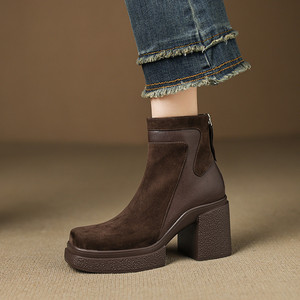 Nouvelles bottes d'équitation imperméables en cuir de vachette à talon moyen, à bout rond, à col en V, tendance et polyvalentes pour l'automne et l'hiver - Product Image 6