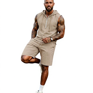 Conjunto Casual de Verano para Hombre, Top sin Mangas con Capucha y Cierre, Pantalones Cortos con Cordón, Color Sólido, Tejido Transpirable de Secado Rápido, Personalizado ODM - Product Image 1