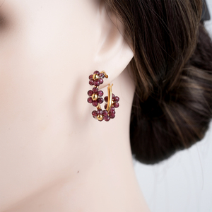 Gold Plated Hoop <b>Earrings</b> With Red Crystal Flower Design Women's Romantic Everyday Wear Jewelry - Product Image 6
