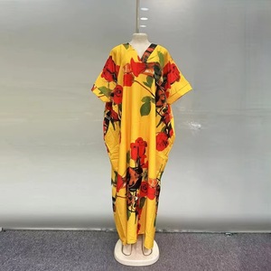 Robe décontractée élégante et tendance pour femme 2026, nouvelle collection, imprimé rose jaune africain, col en V, manches chauve-souris amples - Product Image 4