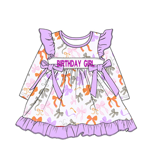 Robe <span class=keywords><strong>à</strong></span> manches longues pour fille enfant avec imprimé nœud papillon, design d'anniversaire brodé, robe <span class=keywords><strong>rose</strong></span> personnalisée, vêtements pour enfants en gros - Product Image 3