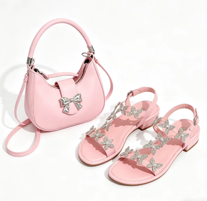 MD-186 Summer Hot Sale Sweet Ladies butterfly Rhinestone <strong>Sandals</strong> with <strong>Bow</strong> Ties Bags 2 Pieces Set Women's Flat <strong>Sandals</strong> Purse Set - Product Image 2