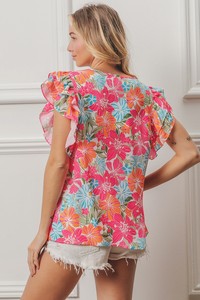 Maßgefertigte Großhandels-Damenbluse mit Lebhaftem Blumenmuster, Kurzen Flatterärmeln, V-Ausschnitt, Sommerlicher Boho-<span class=keywords><strong>Peplum</strong></span>-Stil - Product Image 4