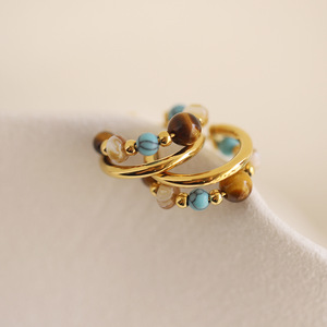 Pendientes de Piedra Natural de Ojo de Tigre, Pendientes con Patrón de Planeta de Piedra Natural, Pendientes de Acero Inoxidable Chapados en Oro - Product Image 4