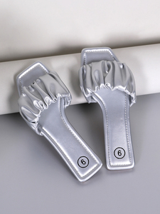 <strong>Silver</strong> Ruched Square Toe Flat Slide Sandals Women Casual Slip on Summer Beach <strong>Slippers</strong> - Product Image 1