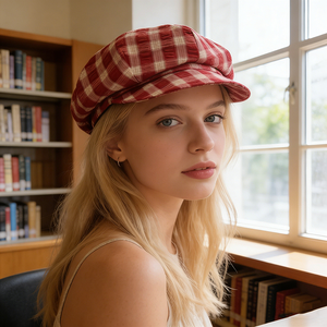 Nouveau Béret en jean à carreaux pour femme, Automne/Hiver, Décontracté, Respirant, Effet amincissant, Chapeau nuage artistique octogonal style newsboy peintre - Product Image 5
