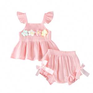 Conjunto de Verano para Bebés Niñas, Color Sólido, Manga con Volantes, Top con Estampado Floral, Pantalones Cortos con Lazo, Atuendo Adorable - Product Image 5