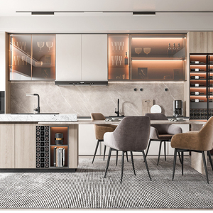 Armoire de cuisine minimaliste en crème et bois avec panneau cannelé et étagères en verre, idéale pour une cuisine moderne de style simple - Product Image 2