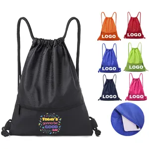 Nylon Polyester Drawstring Backpack Bags with Pocket Custom Logo Promotional Gifts Drawstring Bags Outdoor Sports Bag for Travel