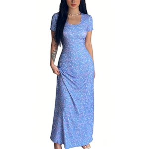 Women's Floral Print Short Sleeve Maxi Dress - <b>Tie</b> <b>Back</b> Bodycon Casual Dresses Fashion - Product Image 2