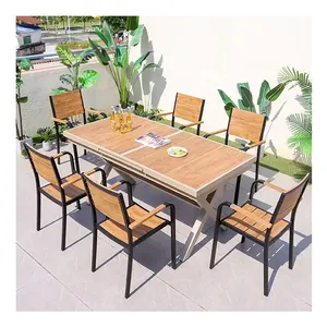 आधुनिक प्लास्टिक लकड़ी आउटडोर रेस्तरां गार्डन टेबल और कुर्सियों के आउटडोर फर्नीचर के साथ टेबल टेबल टेबल पैटियो फर्नीचर सेट गार्डन