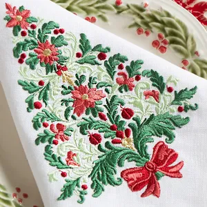 Serviette blanche en <span class=keywords><strong>lin</strong></span> 100% avec feuilles vertes Fleurs et baies rouges et nœud rouge pour les dîners de Noël - Product Image 2