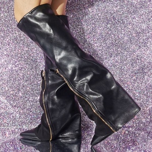 Large Size 47 Women's Knee High Pants Boots <b>Pointed</b> Toe Front Zipper Pants Long Booties Stiletto Thin Heels Overlay Shoes - Product Image 1