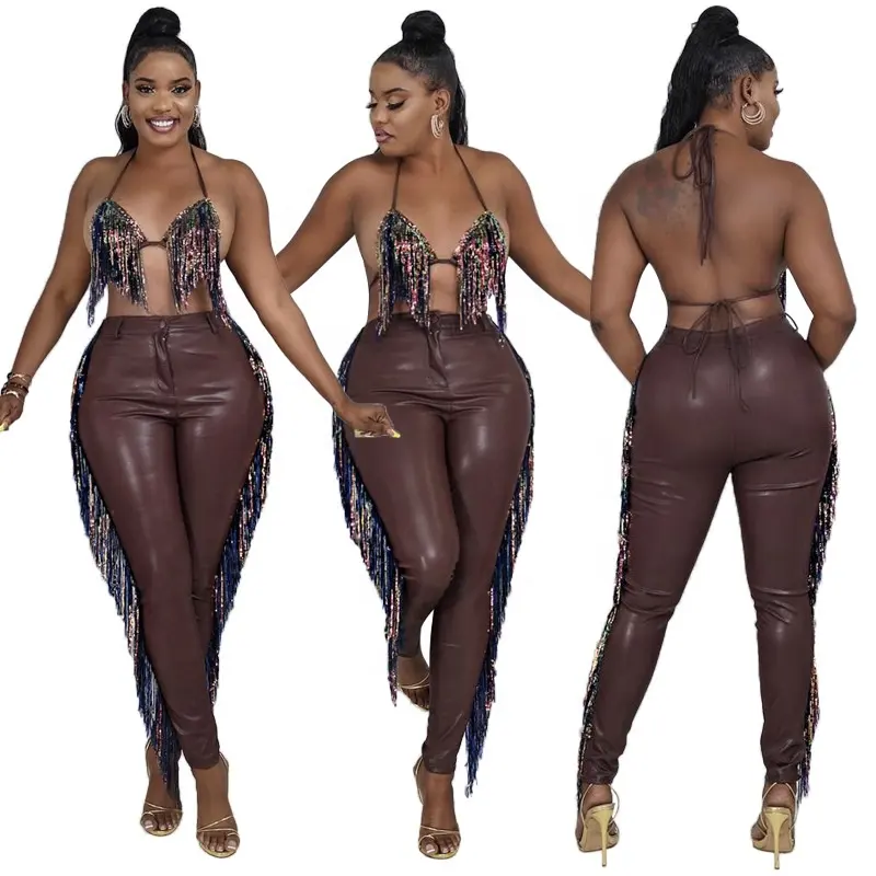 BH Tops Pant Set Quaste Glänzende Lederhose Mit Fransen Bodycon Sexy Enge Pu Leder Skinny 2 Stück Hose Sexy Set