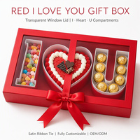 Boîte cadeau étanche rouge festive « Je t'aime » avec fenêtre transparente, couvercle gaufré, séparateur en forme de cœur, compartiment et nœud en ruban de satin