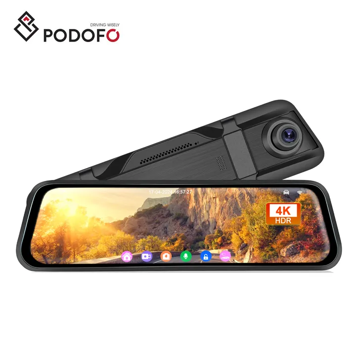 Podofo 9.66 'doppia lente Dash Cam Full HD specchio auto Monitor DVR notte versione WIFI IPS BSD GPS con fotocamera anteriore 4K + posteriore 1080P